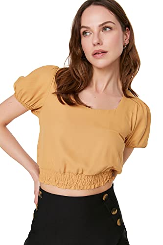 Trendyol Damska beżowa bluzka na zbiory. Bluza, 40