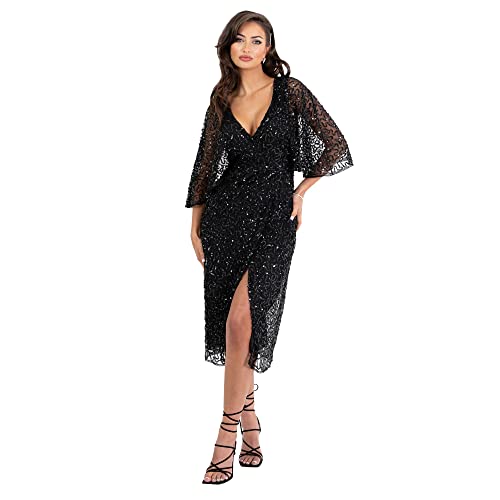 Maya Deluxe Damska sukienka Midi Ladies Sequin Embellished Cape Sleeve Wrap Dress for Wedding Guest Bridesmaid Cocktail Prom Evening sukienka, czarny, 46