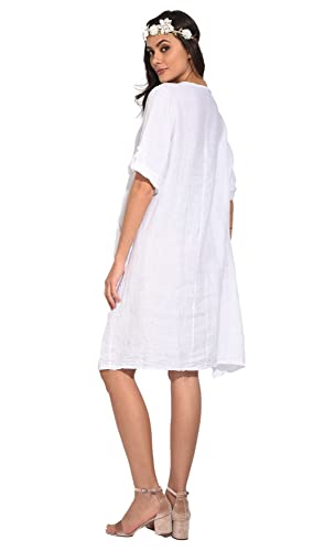 Sukienka damska 100% lniana Made in Italy, długa sukienka bez rękawów z dekoltem w serek, biała, rozmiar: S, biały, S