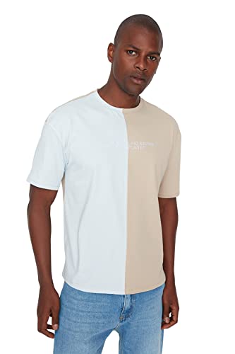 Trendyol Męska koszulka męska bardziej zrównoważona oversize z okrągłym dekoltem, niebieska, L, NIEBIESKI, L