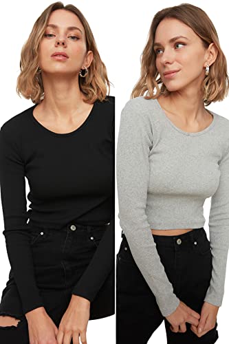 Trendyol Damska bluzka i szara 2 of Crop Knitted Blouse, czarno-szara, XS
