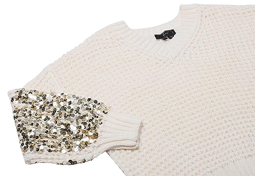 faina Damski sweter z dzianiny z dekoltem w serek i cekinowymi rękawami Wełna BIAŁA, rozmiar XS/S, biały (wollweiss), XL
