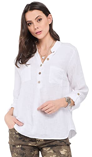 Bonateks damska top 100% lniana tunika Made in Italy, bluzka z dekoltem tunezyjskim z kieszeniami z przodu, biała, rozmiar: XL, biały, XL