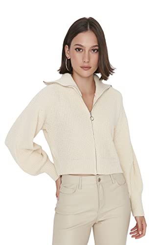 Trendyol Damski standardowy standardowy kardigan z dzianiny z wysokim dekoltem, Ecru, L