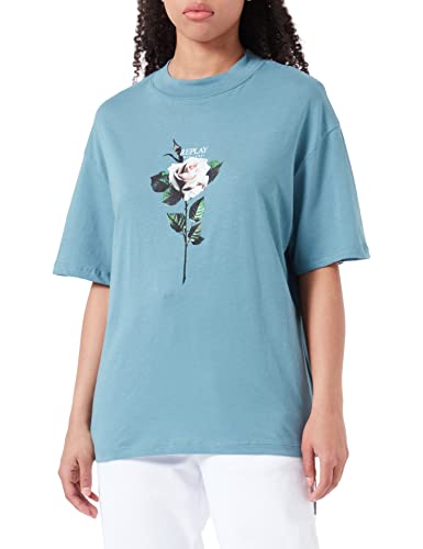 Replay Damska koszulka z krótkim rękawem z nadrukiem róż, Papier cukrowy 608, M