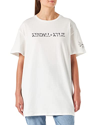KENDALL & KYLIE Damska koszulka K&K W kwiat logo LONGFIT KKW3611629 z krótkim rękawem, biała, L
