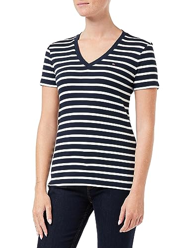 Tommy Hilfiger Damskie topy z dzianiny Cody Rib V-Neck Ss S/S, Niebo pustynne Bretońskie/Ecru, L