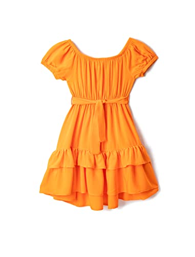 Koton Dziewczęca sukienka Midi Belt Detail Short Sleeve Ruffled Voluminous U Neck, Pomarańczowy (200), 7-8 Lata