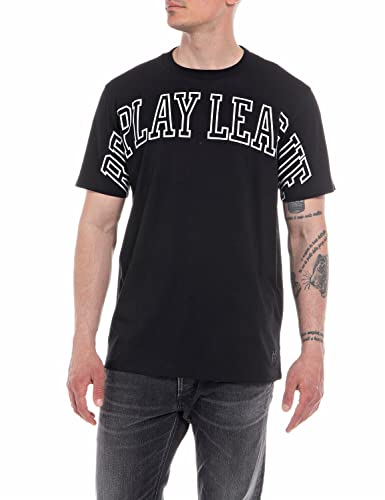 Replay T-shirt męski z krótkim rękawem z napisem, 098 BLACK, M