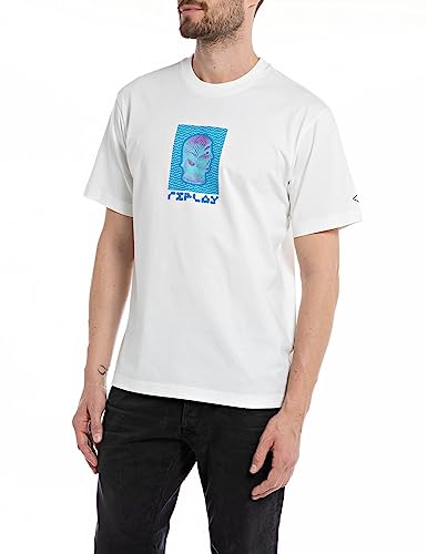 Replay Męski T-shirt z krótkim rękawem, okrągły dekolt z nadrukiem z tyłu, biały (Natural White 011), XXL, Natural White 011, XXL