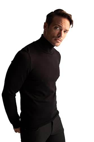 DeFacto Męski sweter z dzianiny z długim rękawem okrągły dekolt - slim fit sweter dla mężczyzn topy (czarny, M), czarny, M