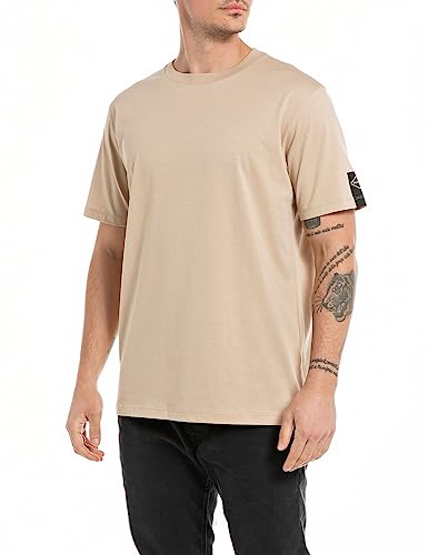 Replay Męski T-shirt z krótkim rękawem, okrągły dekolt, beżowy (Light Taupe 803), M, Light Taupe 803, M