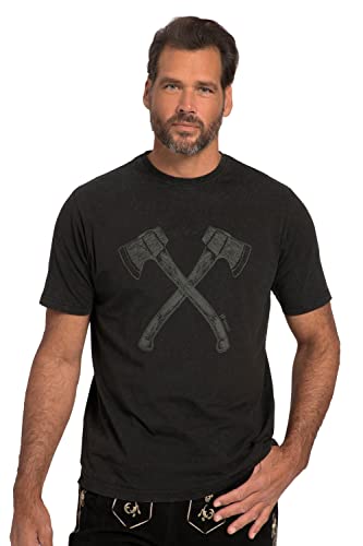JP 1880 Męski duży rozmiar, duże rozmiary, rozmiar L-8XL, t-shirt, strój ludowy, pół rękawy, nadruk z podwójnym toporem, styl vintage, nadruk na piersi, okrągły dekolt 818521, czarny, XXL