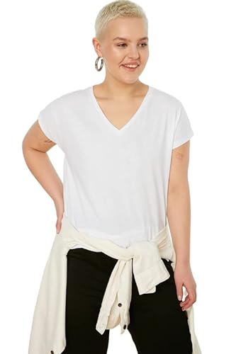 Trendyol Damska koszulka plus size, luźna, podstawowa, dzianinowa, dekolt w serek, duży rozmiar, biały, 4XL Duże Rozmiary