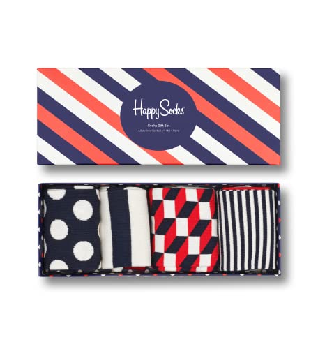 Happy Socks 4-Pack Stripe Gift Box, kolorowe i zabawne, Skarpetki dla kobiet i mężczyzn, Niebieski-Czerwony-Biały (41-46)