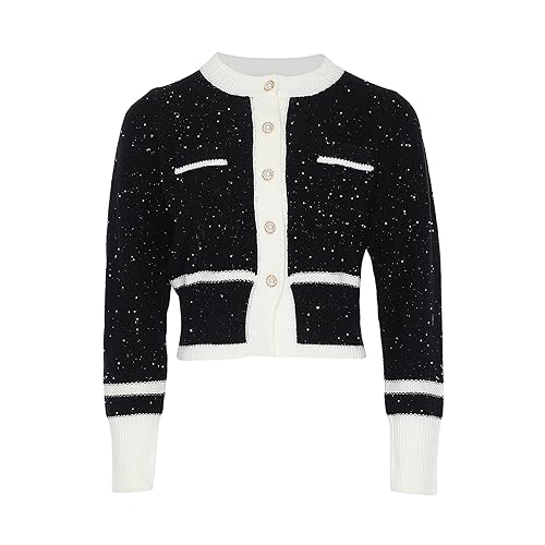 Aleva Damski modny kardigan retro z dzianiny w kontrastowym kolorze, z okrągłym dekoltem, czarny, rozmiar XL/XXL, czarny, XL