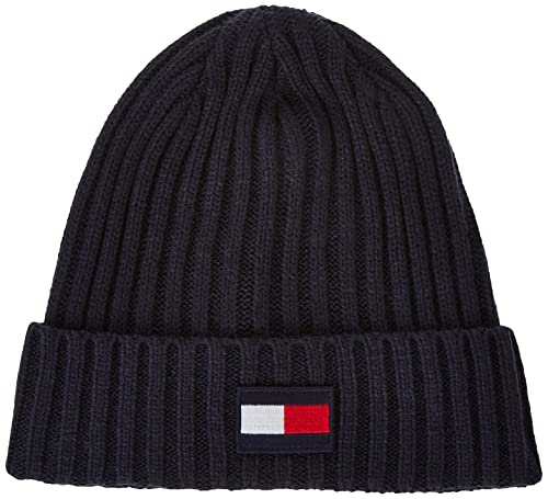 Tommy Hilfiger TH100129 Męska prążkowana czapka beanie, Naszywka niebieska flaga, Rozmiar uniwersalny
