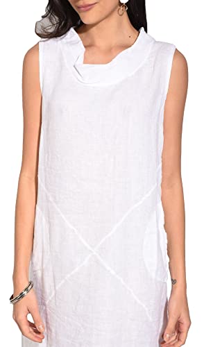 Bonateks damska sukienka 100% lniana Made in Italy, sukienka o średniej długości z okrągłym dekoltem i odkrytymi ramionami, jasnoszara, rozmiar: L, Jasnoszary, L