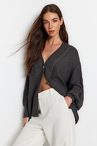 Trendyol FeMan Oversize Basic kardigan z dzianiny z dekoltem w serek, antracyt, M, Antracyt, M