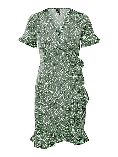 VERO MODA Women's VMHENNA 2/4 WRAP Frill Dress WVN NOOS sukienka, Laurel Wreath/AOP: White Tiny dots, M, Laurel Wreath/Aop:white Tiny Dots, M
