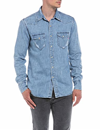 Replay Męska koszula M4981, 009 MEDIUM Blue, 3XL, 009 Medium Blue, 3XL