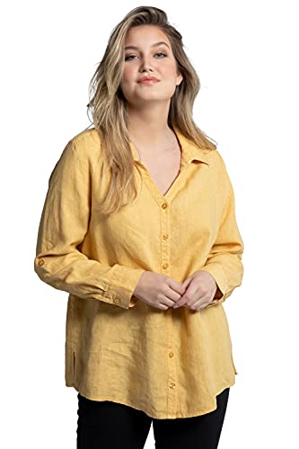 Ulla Popken Damska duże rozmiary plus size bluzka, len, otwarty kołnierz, długi rękaw, jasnoszary melanż 58+ 794882134-58+, jasnoszary melanż, 58-60