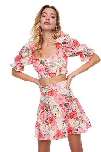 TRENDYOL Damski wzór kwiatowy - billon rękaw objętościowy-top-garnitur zestaw spódniczka, Multi Color, 34