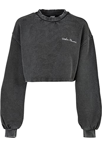 Urban Classics Damska bluza z okrągłym dekoltem, krótka, z haftem, czarny, XL