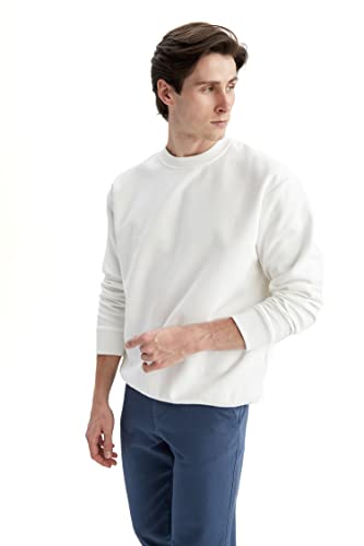 DeFacto Sweter męski z długim rękawem - okrągły dekolt bluza męska (Off White, S), Off White, S