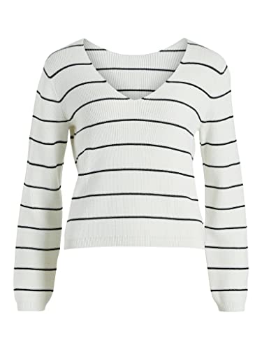Vila Damski sweter VICHAO V-Neck L/S Knit TOP/SU-NOOS dzianinowy sweter, biały Alyssum/Stripes: czarny, S, White Alyssum/Stripes:black, S