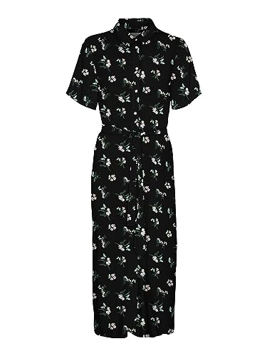 Bestseller A/S VMEASY Joy S/S Long Shirt Dress WVN GA sukienka, Black/AOP:Ann, L, Black/Aop:ann, L