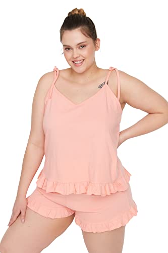 Trendyol Damski gładki dzianinowy stanik - szorty plus size piżama zestaw, Łososiowy, XXL