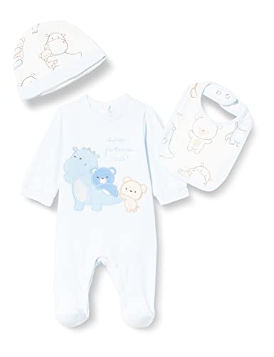 Chicco Unisex 0-24 miesięczne pudełko prezentowe: Zestaw piżamowy Babysuit-BIB-HAT, jasnoniebieski, 3 miesiące, Jasnoniebieski, 3 miesi?cy