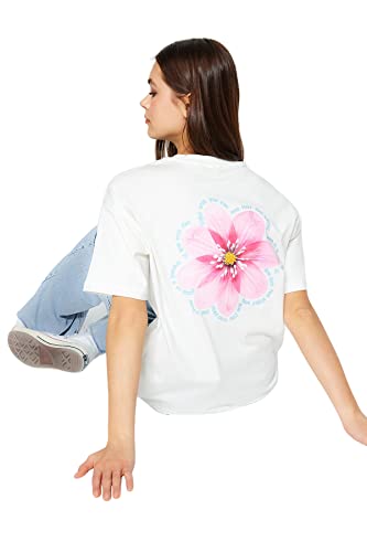 Trendyol Damska koszulka z dzianiny o luźnym kroju z okrągłym dekoltem, ecru, XL, Ecru, XL