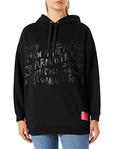 Armani Exchange Damska bluza z kapturem, nadruk z przodu, czarny, średni