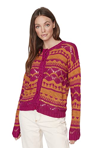 Trendyol Damski sweter z okrągłym dekoltem w bloki kolorów, zwykły kardigan, fuksja, S, fuksja, S