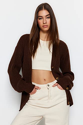Trendyol FeMan Regular Fit Basic Crew Neck Dzianina kardigan, brązowy, S, Brązowy, S