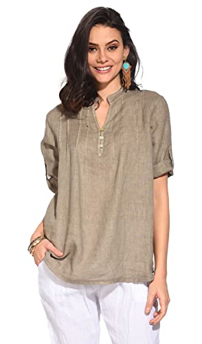 Bonateks damska top 100% lniana tunika Made in Italy, top zapinany na guziki z tunezyjskim kołnierzem i składane z przodu, Desert, Rozmiar: XL, Pustynia, XL