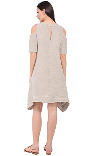 Bonateks damska sukienka 100% lniana wyprodukowana we Włoszech, puszysta sukienka z okrągłym dekoltem i kieszeniami, biała, rozmiar: XL, biały, XL