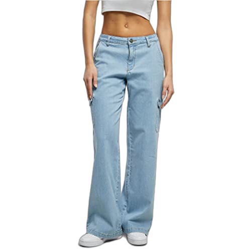 Urban Classics Damskie spodnie cargo z wysokim stanem, proste denim, spodnie cargo, Lighter Washed, 27