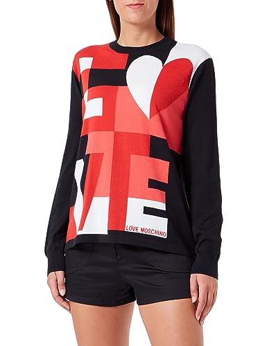 Love Moschino Damski sweter z długim rękawem z okrągłym dekoltem, czarno-biały RED, 44, Black White Red, 44