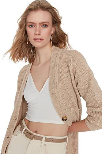 Trendyol Damski damski sweter oversize standardowy sweter z dekoltem w serek, beżowy, L, BEŻOWY, L