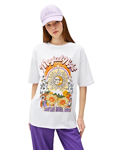 Koton Damska koszulka z nadrukiem Crew Neck Short Sleeve Cotton T-Shirt, Ecru (010), XS