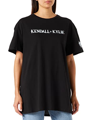 KENDALL & KYLIE Damska koszulka K&K W kwiat logo LONGFIT KKW3611629 z krótkim rękawem, czarna, XL