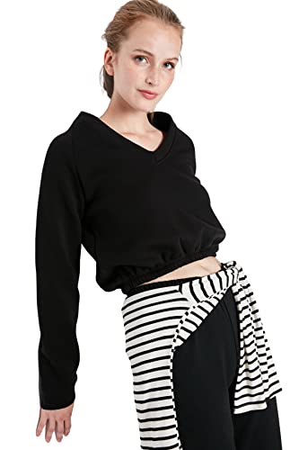 Trendyol Damska bluza z dekoltem w serek, jednokolorowa, regularna, Czarny, XL
