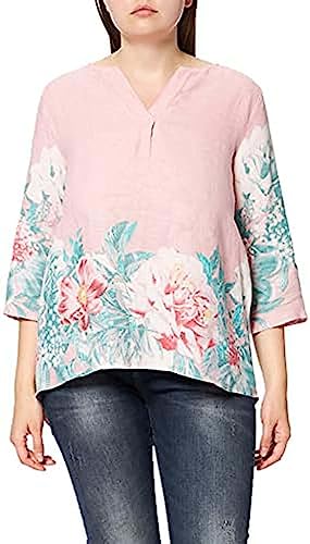 Bonateks, Tunezyjska górna część kołnierza z nadrukami kwiatowymi i długimi nakładanymi rękawami, 100% len, rozmiar DE:40, rozmiar US: L, topy, satyna - wyprodukowano we Włoszech, wielokolorowy, 40