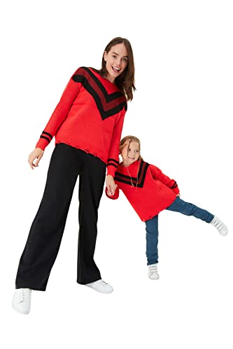 Trendyol Damska bluza z okrągłym dekoltem w bloki kolorów, Czerwony, M
