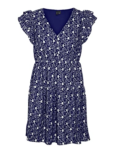 Bestseller A/S Damska sukienka VMSONEY LACE SL dekolt w serek, krótka sukienka WVN, Navy Blazer/Detail:Snow White Lines, XS, Navy Blazer/Detail:Snow White Lines, XS