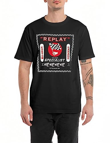 Replay Męski T-shirt z krótkim rękawem, okrągły dekolt, Bikes Specialist, Black 098, L