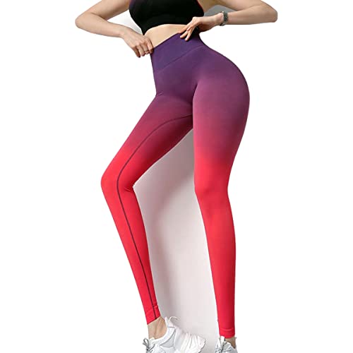 EULLA Damskie sportowe legginsy do jogi, bezszwowe, z wysokim stanem, treningowe, hip-up, fitness, spodnie do biegania, czerwony fioletowy, L